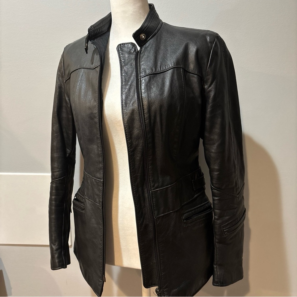 Vintage Brimaco Canada Black Leather Motorcycle Lined Jacket Women XS